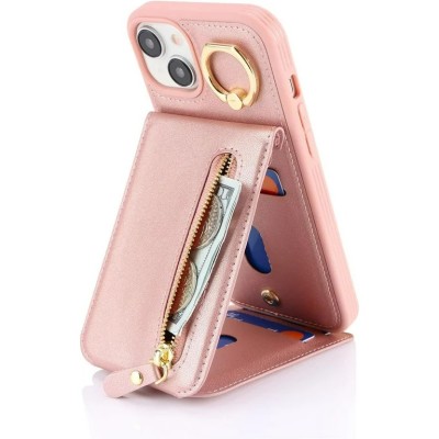 For iPhone 15 Jewel Wallet Design with Stitched PU Leather ID Card Money Holder Zipper Case - Pink