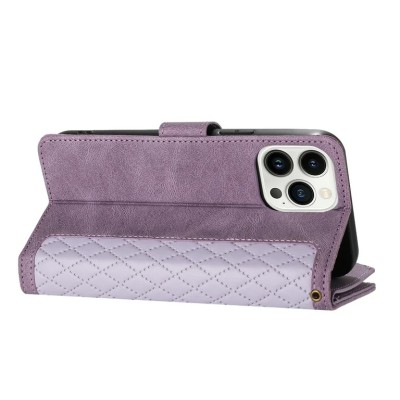 For iPhone 15 Jewel Wallet Design with Stitched PU Leather ID Card Money Holder Zipper Case - Purple