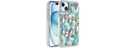 For iPhone 15 Lavished Floral Butterfly Bling Stones Hybrid Case - Blue