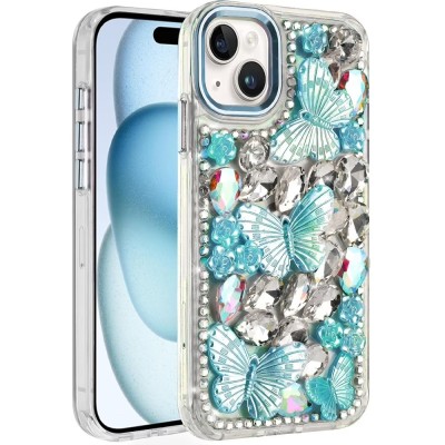 For iPhone 15 Lavished Floral Butterfly Bling Stones Hybrid Case - Blue