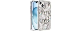 For iPhone 15 Lavished Floral Butterfly Bling Stones Hybrid Case - Silver