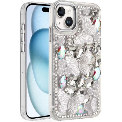 For iPhone 15 Lavished Floral Butterfly Bling Stones Hybrid Case - Silver