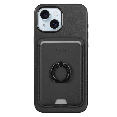 For iPhone 15 Luxury Vertical Magnetic Button Card ID Holder PU Leather Case Cover - Black
