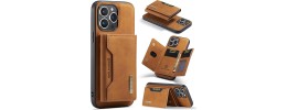 For iPhone 15 Luxury Vertical Magnetic Button Card ID Holder PU Leather Case Cover - Brown