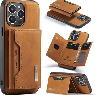For iPhone 15 Luxury Vertical Magnetic Button Card ID Holder PU Leather Case Cover - Brown