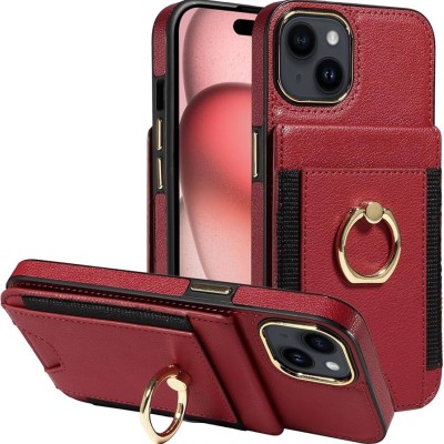 For iPhone 15 Luxury Vertical Magnetic Button Card ID Holder PU Leather Case Cover - Red