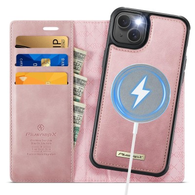 For iPhone 15 Luxury Vertical Magnetic Button Card ID Holder PU Leather Case Cover - Rose Gold