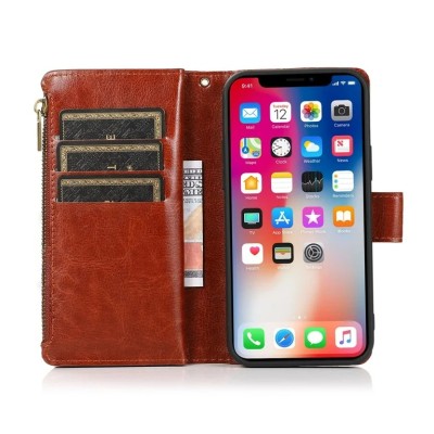 For iPhone 15 Luxury Wallet Card ID Zipper Money Holder Case Cover - Brown