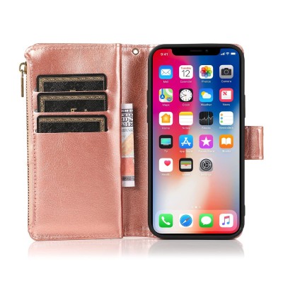 For iPhone 15 Luxury Wallet Card ID Zipper Money Holder Case Cover - Rose Gold