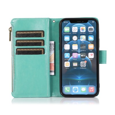 For iPhone 15 Luxury Wallet Card ID Zipper Money Holder Case Cover - Teal