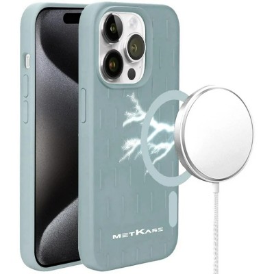 For iPhone 15 METKASE Boundless Liquid Silicone [Magnetic Circle] Thick Lined Design Hybrid Case - Cyan