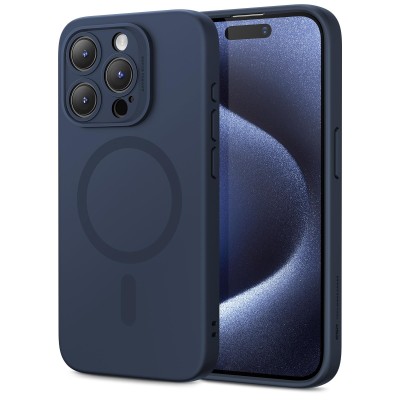 For iPhone 15 METKASE Boundless Liquid Silicone [Magnetic Circle] Thick Lined Design Hybrid Case - Dark Blue