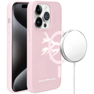 For iPhone 15 METKASE Boundless Liquid Silicone [Magnetic Circle] Thick Lined Design Hybrid Case - Light Pink