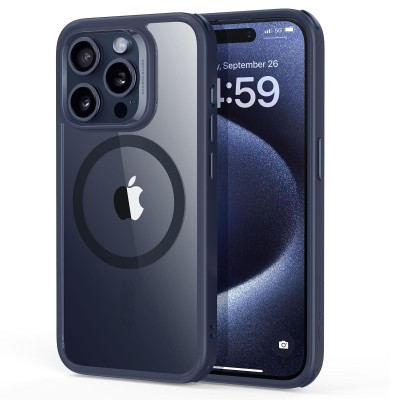 For iPhone 15 METKASE Chrome Lined Pattern [Magnetic Circle] Premium Case - Dark Blue