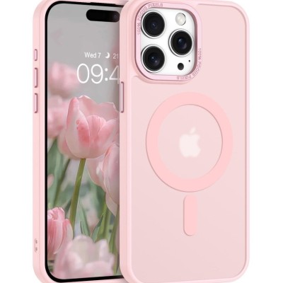 For iPhone 15 METKASE Chrome Lined Pattern [Magnetic Circle] Premium Case - Light Pink