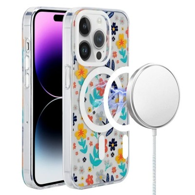 For iPhone 15 METKASE Double Protection IMD Design Pattern [Magnetic Circle] Premium Case - Colorful Floral