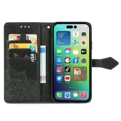 For iPhone 15 METKASE Luxury Wallet Card ID Zipper Money Holder in Slide-Out Package - Black