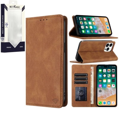 For iPhone 15 METKASE Luxury Wallet Card ID Zipper Money Holder in Slide-Out Package - Brown