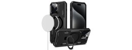 For iPhone 15 METKASE Magnetic Circle Ring Transparent Premium Acrylic Case Cover with Metal Buttons & Camera Raised Lip in Slide-Out Package - Black