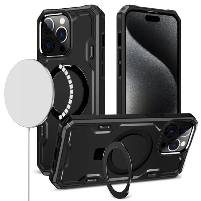 For iPhone 15 METKASE Magnetic Metal Surrounded Ring Stand Hybrid in Slide-Out Package - Black