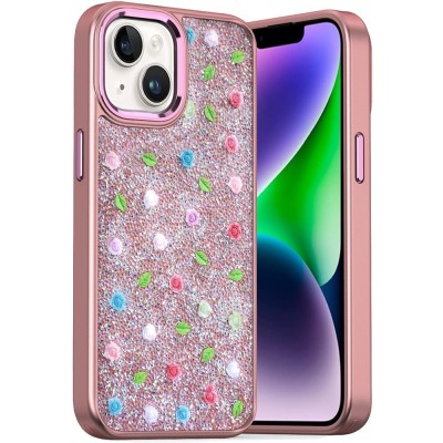 For iPhone 15 METKASE Premium Exotic Design Hybrid Case in Slide-Out Package - Rose Pink Floral