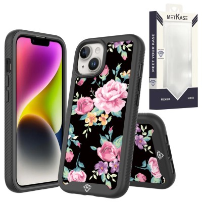 For iPhone 15 METKASE Premium Exotic Design Hybrid Case in Slide-Out Package - Tropical Romantic Colorful Roses Floral