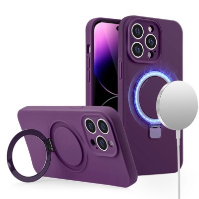 For iPhone 15 METKASE Premium Magnetic Circle Ring Stand LIQUID Silicone in Slide-Out Package - Dark Purple
