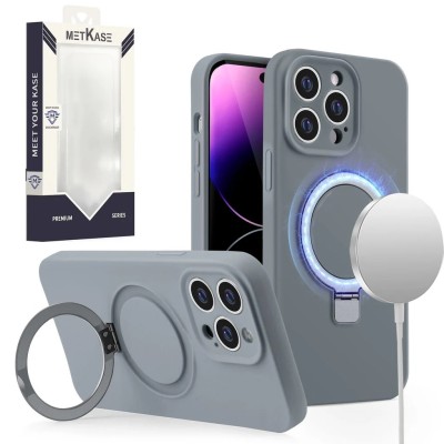 For iPhone 15 METKASE Premium Magnetic Circle Ring Stand LIQUID Silicone in Slide-Out Package - Grey