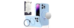 For iPhone 15 METKASE Premium Magnetic Circle Ring Stand LIQUID Silicone in Slide-Out Package - Light Blue