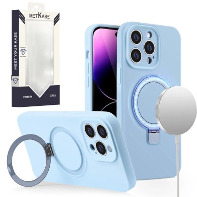 For iPhone 15 METKASE Premium Magnetic Circle Ring Stand LIQUID Silicone in Slide-Out Package - Light Blue
