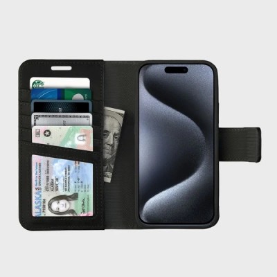 For iPhone 15 METKASE Wallet PU Vegan Leather ID Card Money Holder with Magnetic Closure in Slide-Out Package - Black
