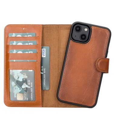 For iPhone 15 METKASE Wallet PU Vegan Leather ID Card Money Holder with Magnetic Closure in Slide-Out Package - Brown