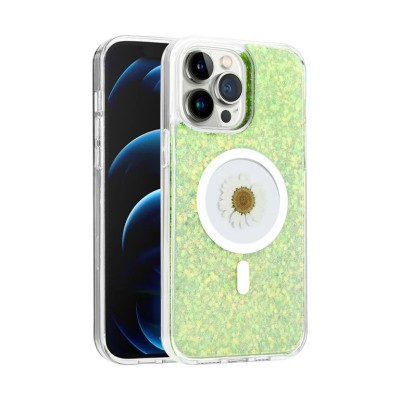 For iPhone 15 Magnetic Ring Circle Real Flower Epoxy Glitter Hybrid Case Cover - Green