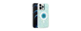 For iPhone 15 Magnetic Ring Circle Real Flower Epoxy Glitter Hybrid Case Cover - Light Blue