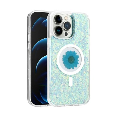 For iPhone 15 Magnetic Ring Circle Real Flower Epoxy Glitter Hybrid Case Cover - Light Blue