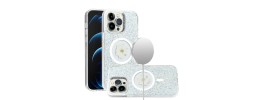 For iPhone 15 Magnetic Ring Circle Real Flower Epoxy Glitter Hybrid Case Cover - Silver