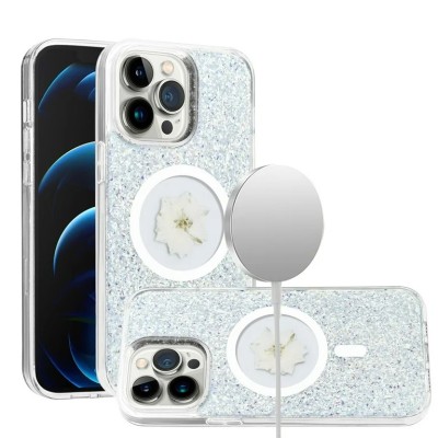 For iPhone 15 Magnetic Ring Circle Real Flower Epoxy Glitter Hybrid Case Cover - Silver