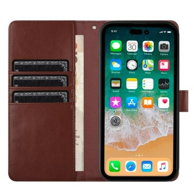 For iPhone 15 Magnetic Ring Compatible Deattachable PU Leather Hybrid Wallet Money Card Holder with Lanyard - Brown