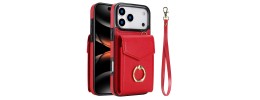 For iPhone 15 Magnetic Ring Compatible Deattachable PU Leather Hybrid Wallet Money Card Holder with Lanyard - Red