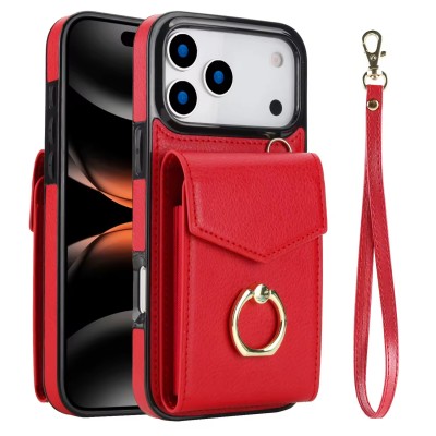 For iPhone 15 Magnetic Ring Compatible Deattachable PU Leather Hybrid Wallet Money Card Holder with Lanyard - Red