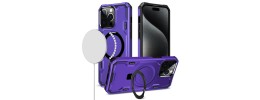 For iPhone 15 Magnetic Ring Stand Simplistic Tough Hybrid Case Cover - Dark Purple