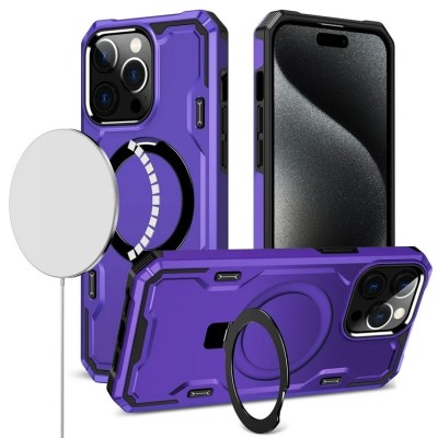 For iPhone 15 Magnetic Ring Stand Simplistic Tough Hybrid Case Cover - Dark Purple
