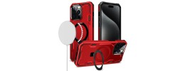 For iPhone 15 Magnetic Ring Stand Simplistic Tough Hybrid Case Cover - Red