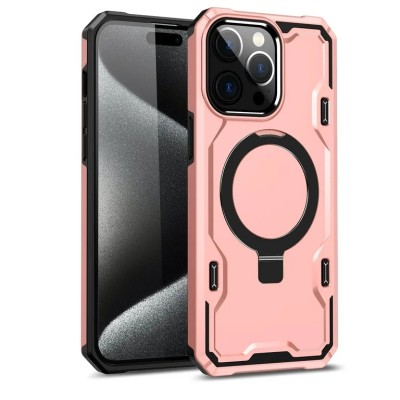 For iPhone 15 Magnetic Ring Stand Simplistic Tough Hybrid Case Cover - Rose Gold