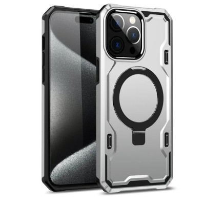 For iPhone 15 Magnetic Ring Stand Simplistic Tough Hybrid Case Cover - Silver