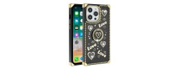 For iPhone 15 Magnetic Ring Stand Square Passion Hearts Glitter Case Cover - Black