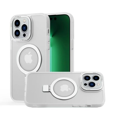 For iPhone 15 Metal Chrome Kickstand [Magnetic Circle] Shockproof Matching Camera Hybrid - Clear