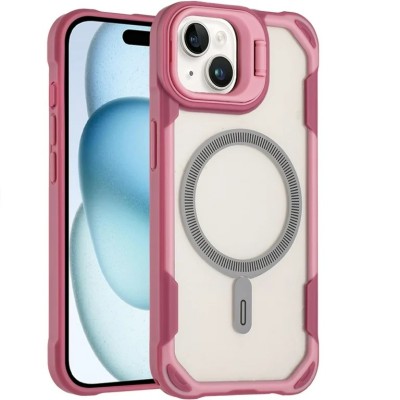 For iPhone 15 Metal Chrome Kickstand [Magnetic Circle] Shockproof Matching Camera Hybrid - Pink