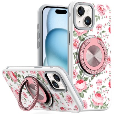 For iPhone 15 Metal Diamond CD Pattern Design Matte Finished Hybrid with Rotational Ring [Car Mount Friendly] Case - 10