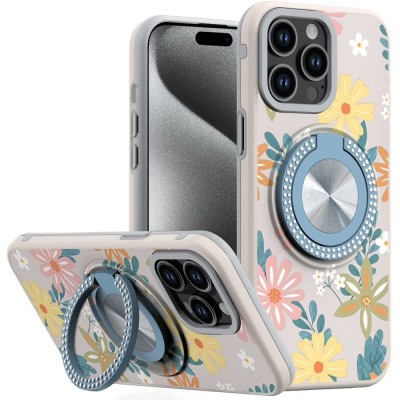 For iPhone 15 Metal Diamond CD Pattern Design Matte Finished Hybrid with Rotational Ring [Car Mount Friendly] Case - 3